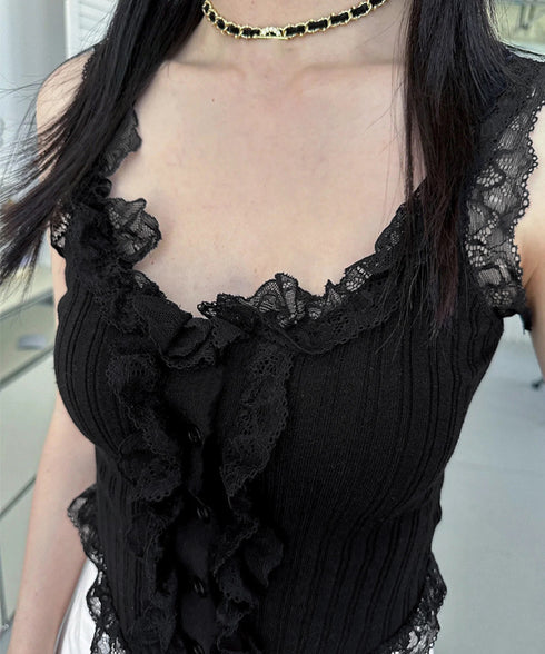 レースフリル ニットタンクトップ 韓国風 レディース レースドッキング ニットトップス 大人可愛い ノースリーブニットソー きれいめニットキャミソール インナー秋 84WANJIA-020